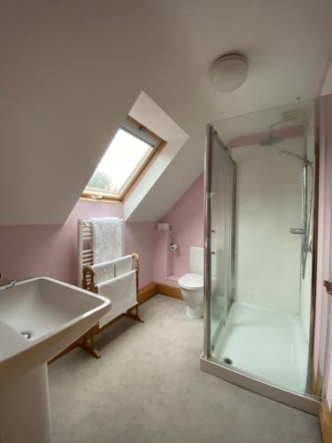 ein Bad mit einer Dusche, einem Waschbecken und einem WC in der Unterkunft Jasmine Cottage in Frome