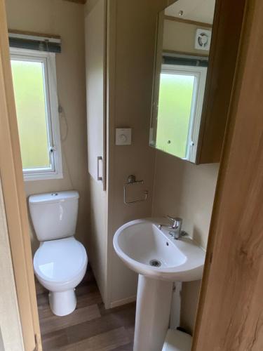 a bathroom with a toilet and a sink and a mirror at Newquay Caravan, Newquay Bay Resort Jetts View 104 in Newquay