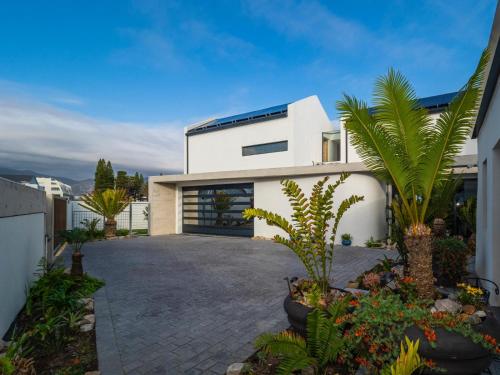 a white house with a driveway and palm trees at Boutique Ocean Views - incorporating Wendy's in Hermanus