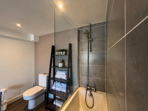 a bathroom with a shower and a toilet at The Crows Nest by Paymán Club in Lowestoft