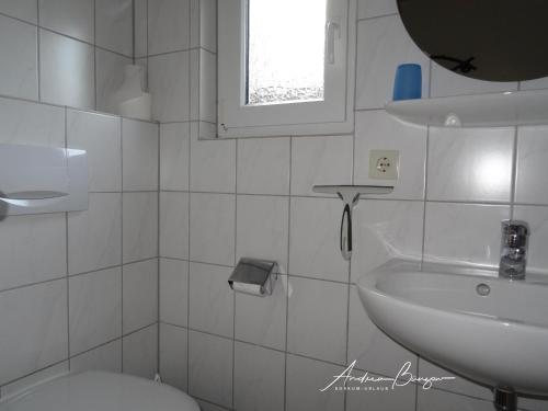 ボルクムにあるHaus-Moana-Wohnung-2の白いバスルーム(洗面台、トイレ付)