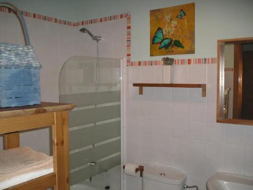 y baño con ducha, aseo y lavamanos. en El Huerto de Pipo, en Navarredonda de Gredos