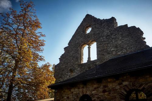 an old stone building with two windows on it at Burg & Gästehaus by Schwarzenstein in Geisenheim