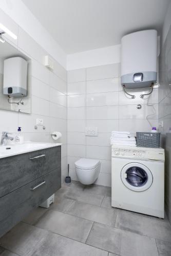 a bathroom with a washing machine and a toilet at Jadranovo Dunja in Jadranovo