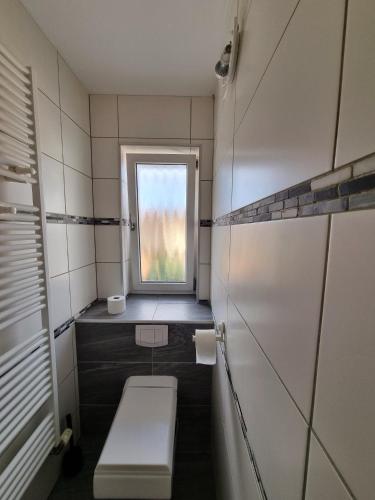 a small bathroom with a toilet and a window at Monteurunterkunft Cadolzburg in Cadolzburg