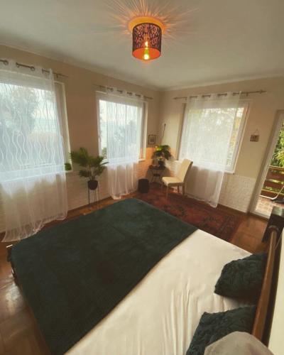 a bedroom with a bed and a living room with windows at Bella Garden in Balatonszárszó