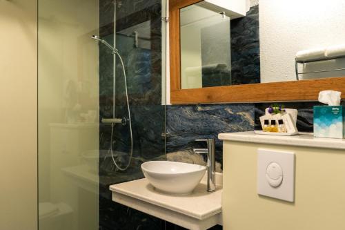 a bathroom with a shower and a bowl on a counter at Royal Breeze Paramaribo in Paramaribo