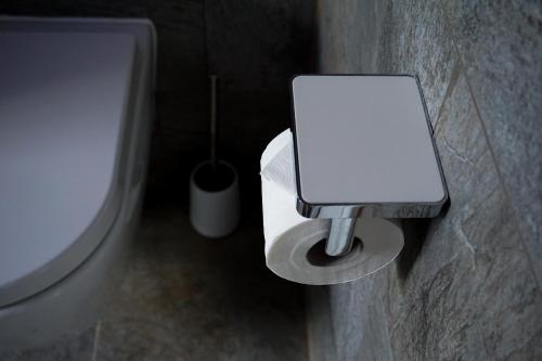 a bathroom with a toilet paper dispenser on the wall at Parkresidenz Lychen, Ferienwohnung 10 in Lychen