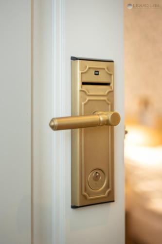 a door with a wooden handle on a door at Ośrodek Turystyczny Warzenko in Warzenko