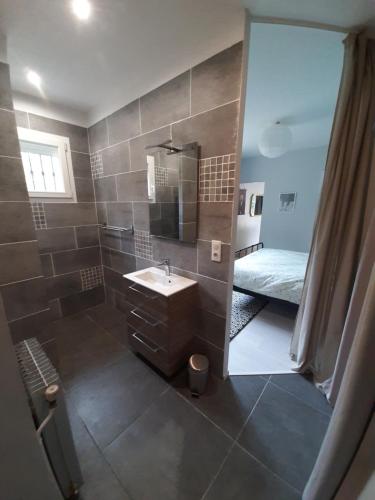 een badkamer met een wastafel en een douche bij Maison Bleue in Montagne