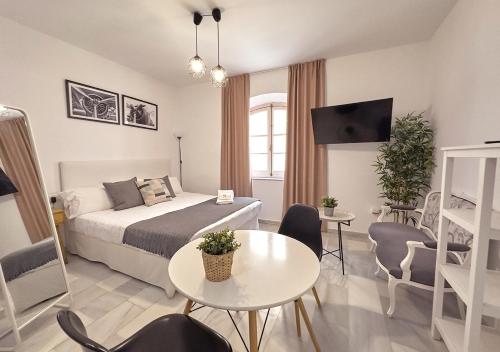 um quarto com uma cama, uma mesa e cadeiras em ISA Cádiz em Cádiz