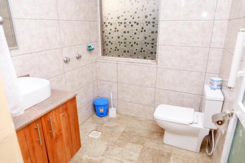 y baño con aseo, lavabo y ducha. en TRIPLINQ HOTEL & RESORT Meru en Nkubu