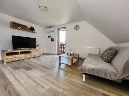 a living room with a couch and a flat screen tv at Apartments Irena in Bohinj