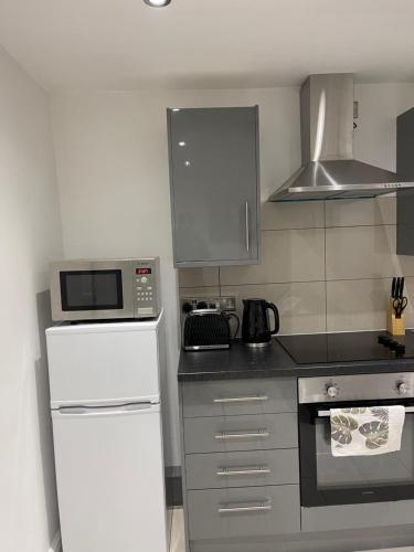 a kitchen with a white refrigerator and a microwave at Modern 1 Bedroom Holiday Apartment in Southminster in Southminster