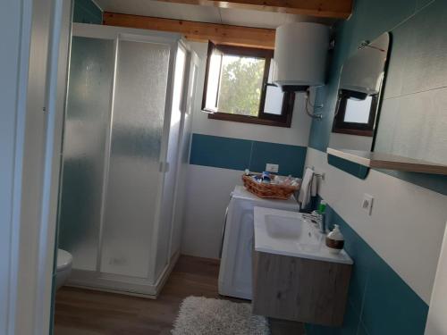 a small bathroom with a sink and a shower at Camera Tina in Castellammare del Golfo