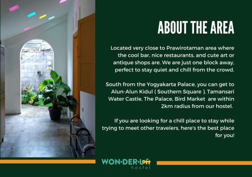 a flyer about the area of a house with an open door at Wonderloft Hostel Jogja in Yogyakarta