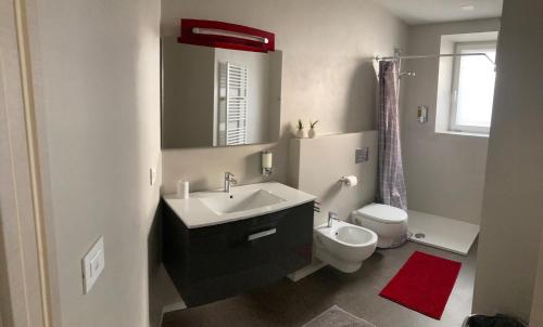 ein Badezimmer mit einem Waschbecken, einem WC und einem Spiegel in der Unterkunft Appartamenti il borgo papavero in Busca