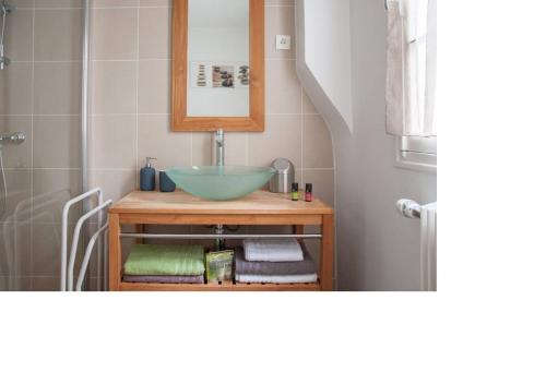 uma casa de banho com um lavatório e um chuveiro em La petite maison parisienne em Levallois-Perret