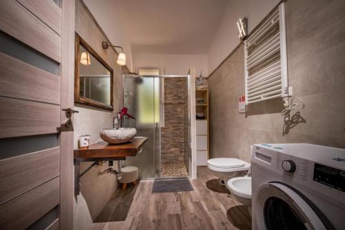 a bathroom with a toilet and a sink and a washing machine at Villa Agapanthus in Castellammare del Golfo