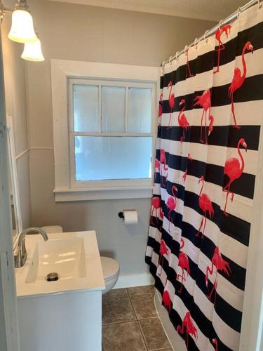 a bathroom with a shower curtain with red birds on it at Spanish Town / Downtown Apartment in Baton Rouge