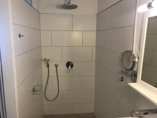 een badkamer met een douche met een douchekop bij Privatzimmer Augsburg Rechts der Wertach in Augsburg