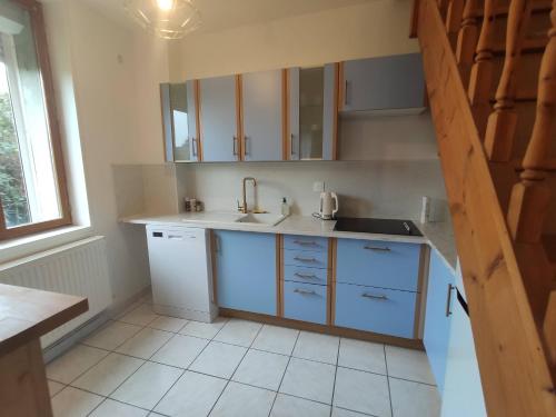 a kitchen with blue cabinets and a sink and a window at Résidence Beaudelot in Saint-Saulve