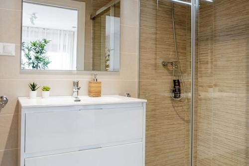 a bathroom with a sink and a shower at El Prau de Mito in Cangas de Onís