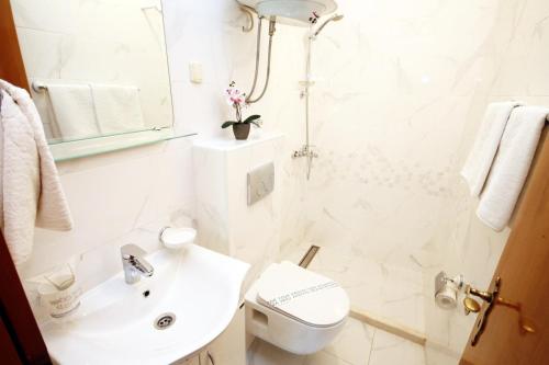 ein weißes Bad mit einem WC und einem Waschbecken in der Unterkunft Apartmani Kukoljac in Herceg-Novi