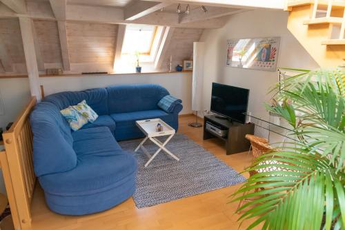 a living room with a blue couch and a tv at Ferienwohnung Spessart in Straßbessenbach