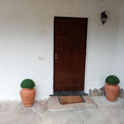 モンティニョーゾにあるLa Finestra Verdeの二つの植物を前に置いた家の扉
