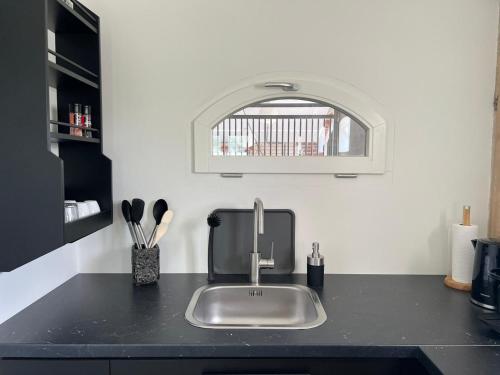 un comptoir de cuisine avec un évier et une fenêtre dans l'établissement De Citadel - de Weide, à Markelo