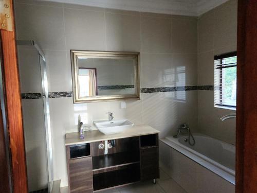 uma casa de banho com um lavatório, um espelho e uma banheira em Bryanston Drive Elegant Guesthouse & Boardroom Facilities em Joanesburgo