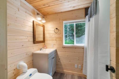 a bathroom with a toilet and a sink and a window at Cozy Cedar Cabin Steps Away From Mt. Rainier in Ashford