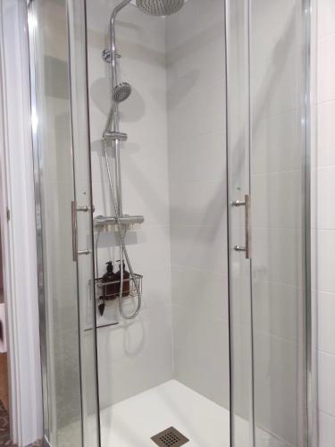 a shower with a glass door in a bathroom at Cal Passió in Vimbodí