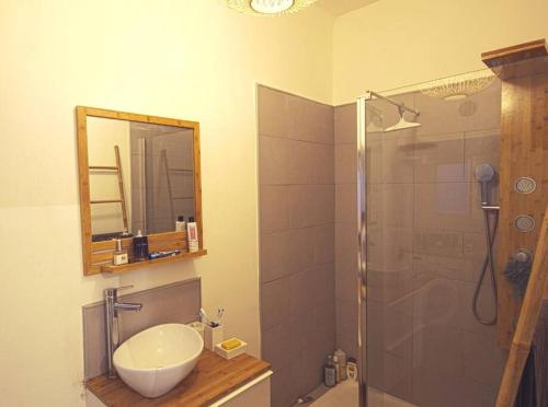 a bathroom with a sink and a shower with a mirror at plein coeur du quartier du Panier . Chaleureux T2. in Marseille