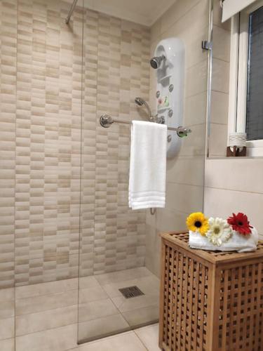 un bagno con doccia con porta in vetro di Cheerful 3 bedroom town house with garage free parking inside or outside with back yard and roof a Sliema