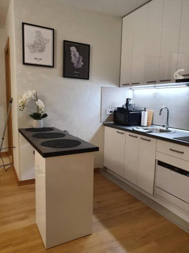 a kitchen with white cabinets and a counter top at Centar view lux in Novi Sad