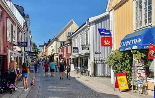 a group of people walking down a street with shops at Nice Home In Norrtälje With Wifi in Norrtälje