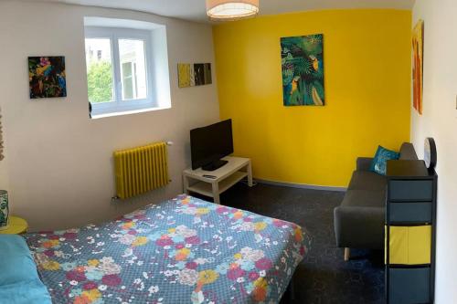 拉尼翁的住宿－Logement indépendant,calme à 2 pas du centre ville，一间卧室配有一张床和一张书桌及电视