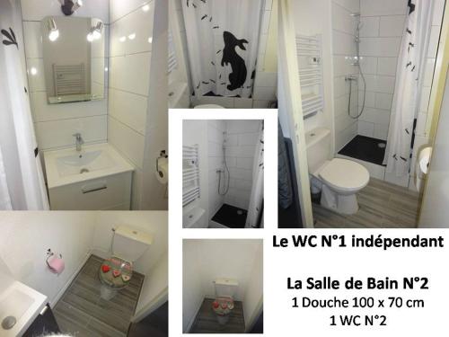 uma colagem de três fotos de uma casa de banho em Appartement 8-10 personnes SUPERDEVOLUY Hautes Alpes REZ DE CHAUSSÉE Vue panoramique 3 CHAMBRES em Le Dévoluy