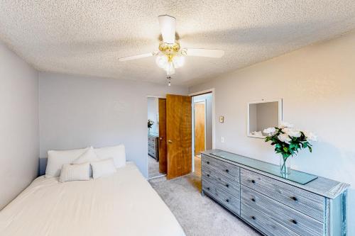 a bedroom with a bed and a dresser with a mirror at Livin' the Dream in Springfield