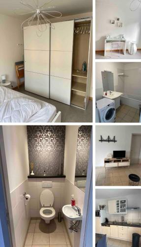 un collage de quatre photos d'une salle de bains dans l'établissement Magnifique T3 avec balcon vue montagne , plein centre et proche du lac, à Gérardmer