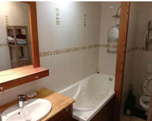 ein Badezimmer mit einem Waschbecken, einer Badewanne und einem WC in der Unterkunft Le nid près du lac in Clairvaux-les-Lacs