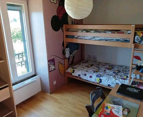 1 Schlafzimmer mit 2 Etagenbetten und einem Fenster in der Unterkunft Le nid près du lac in Clairvaux-les-Lacs