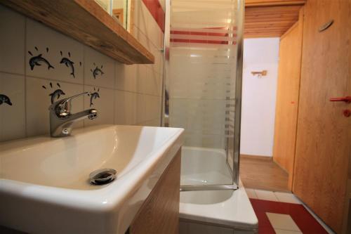 a bathroom with a sink and a shower at Cà Pizzo Scalino in Chiesa in Valmalenco
