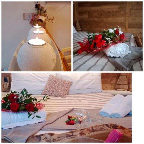 a collage of four pictures of a bed with flowers on it at L'Arbergh Palanfrè in Vernante