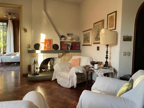 a living room with a couch and a fireplace at Villa Verde in Camaiore