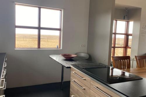 a kitchen with a counter with a bowl on top of it at Eaglerock Guesthouse and tours in Kirkjubæjarklaustur