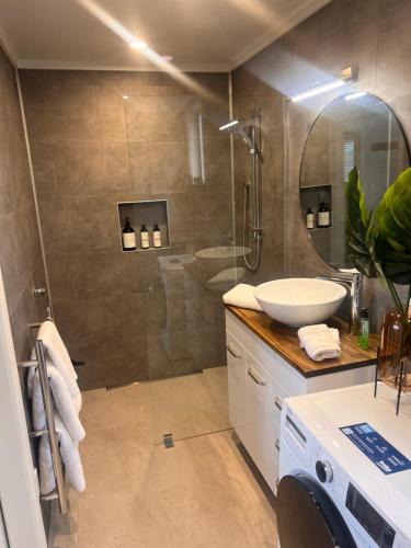 a bathroom with a sink and a shower at Right on Tyne in Oamaru