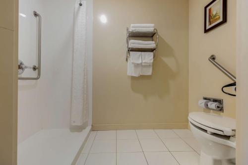 a bathroom with a toilet and a shower with towels at Best Western Plus Dryden Hotel and Conference Centre in Dryden